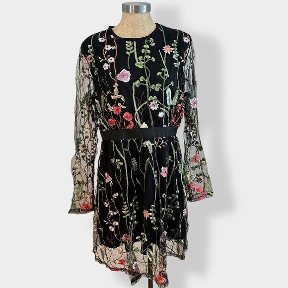Women's Floral Embroidery Mesh Long Sleeve Black Dress XL - Picture 2 of 6